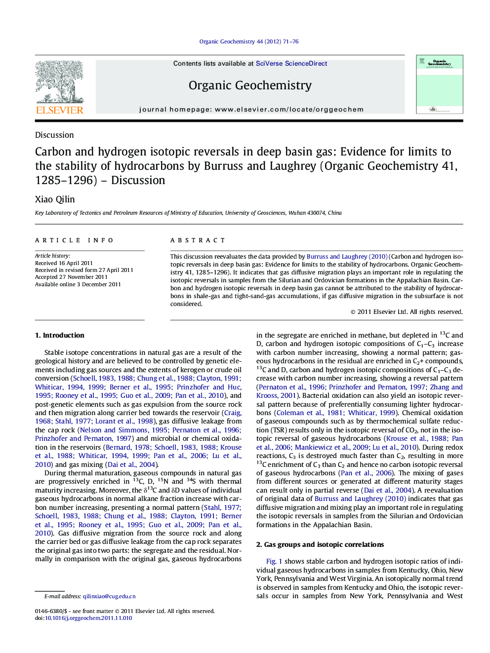 عکس صفحه اول مقاله: Carbon and hydrogen isotopic reversals in deep basin gas: Evidence for limits to the stability of hydrocarbons by Burruss and Laughrey (Organic Geochemistry 41, 1285-1296) - Discussion Carbon and hydrogen isotopic reversals in deep basin gas: Evidence for limits to the stability of hydrocarbons by Burruss and Laughrey (Organic Geochemistry 41, 1285-1296) - Discussion