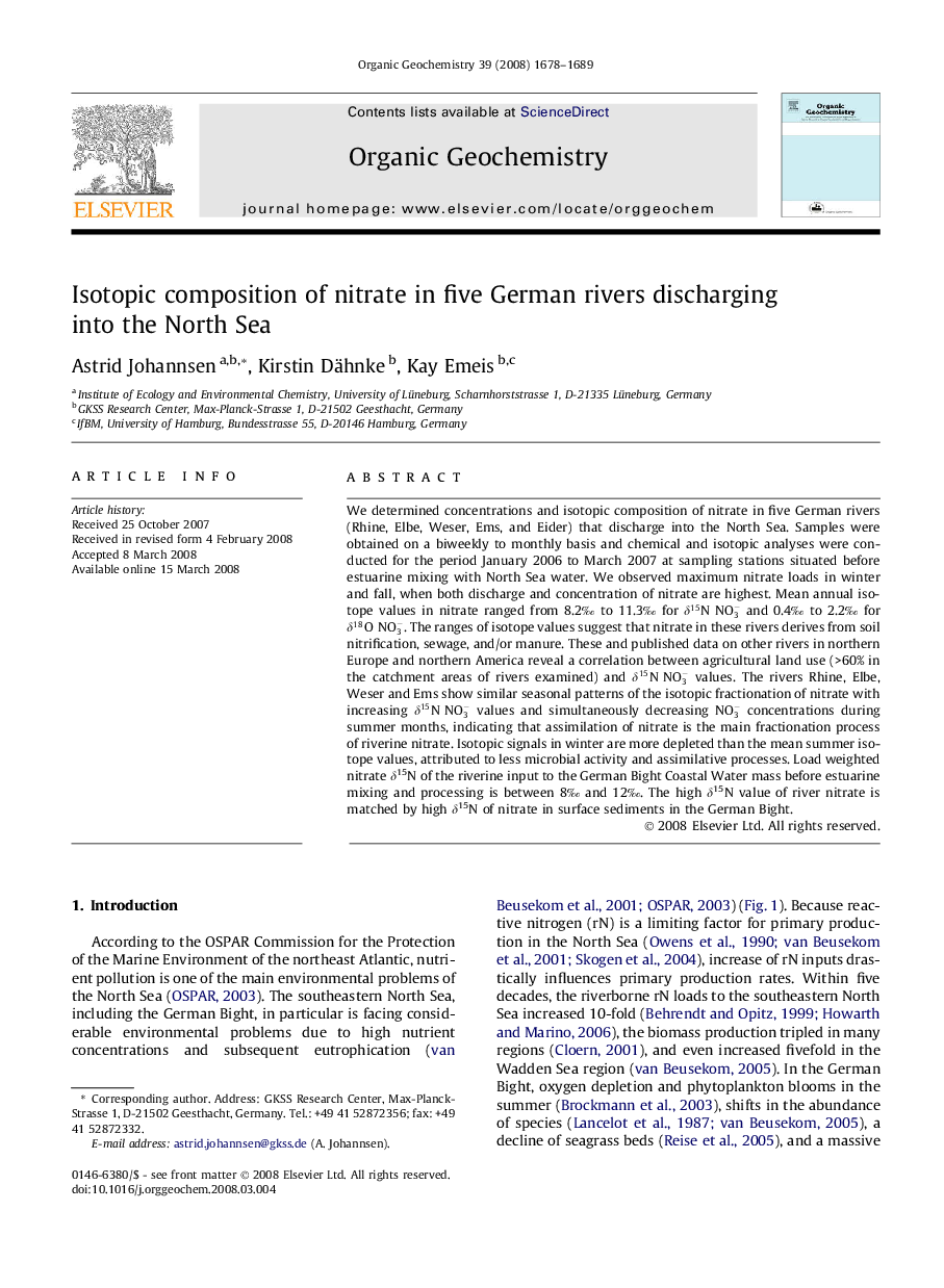 Isotopic composition of nitrate in five German rivers discharging into the North Sea