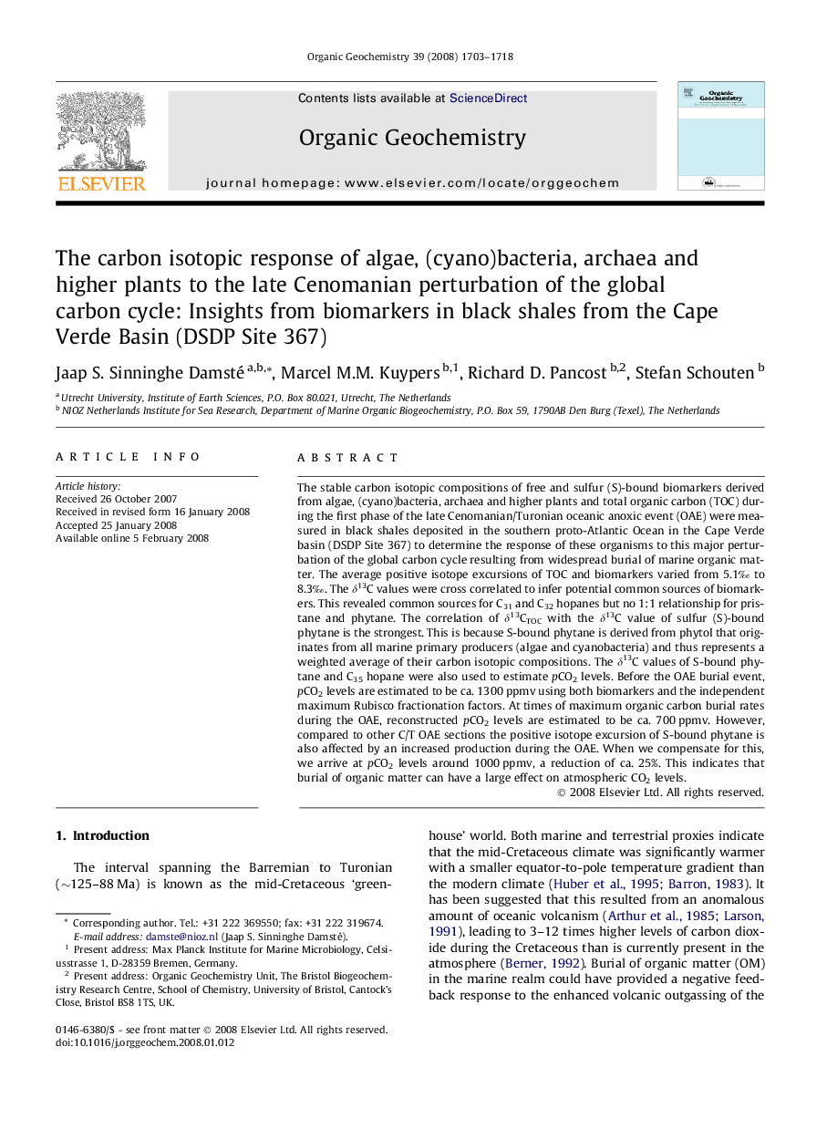 The carbon isotopic response of algae, (cyano)bacteria, archaea and higher plants to the late Cenomanian perturbation of the global carbon cycle: Insights from biomarkers in black shales from the Cape Verde Basin (DSDP Site 367)
