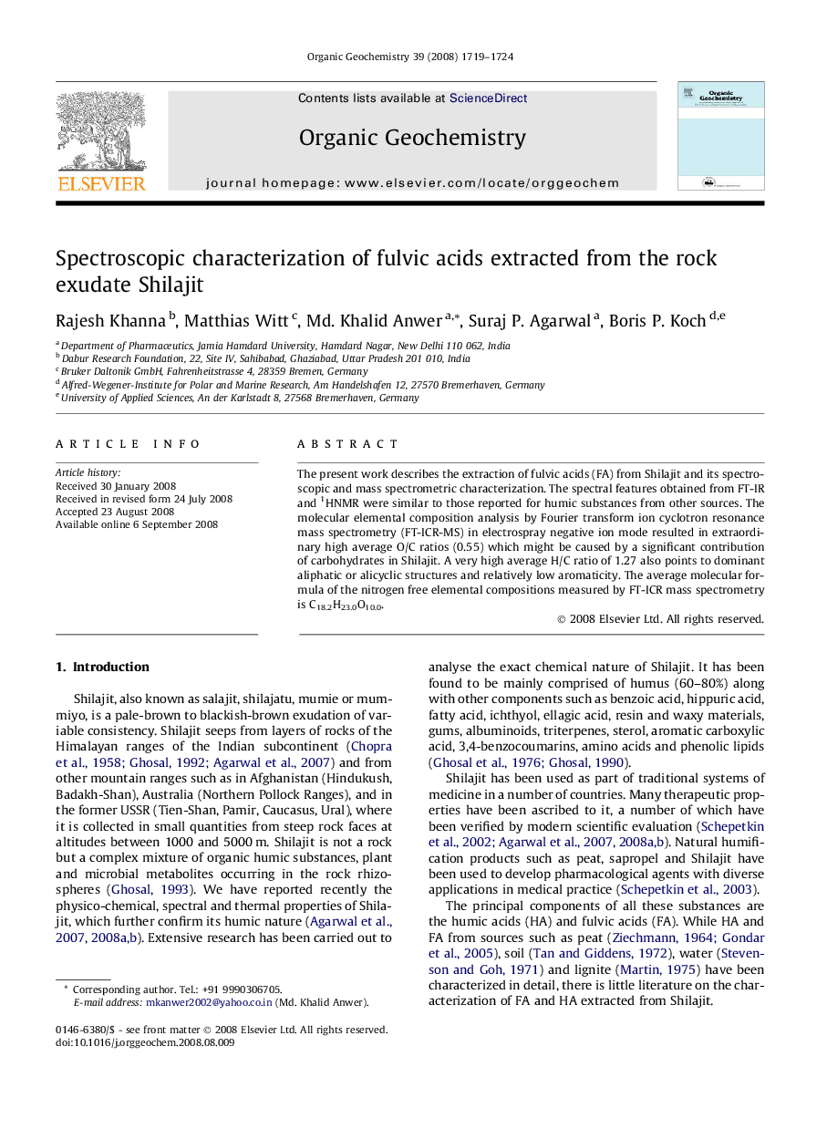 Spectroscopic characterization of fulvic acids extracted from the rock exudate Shilajit