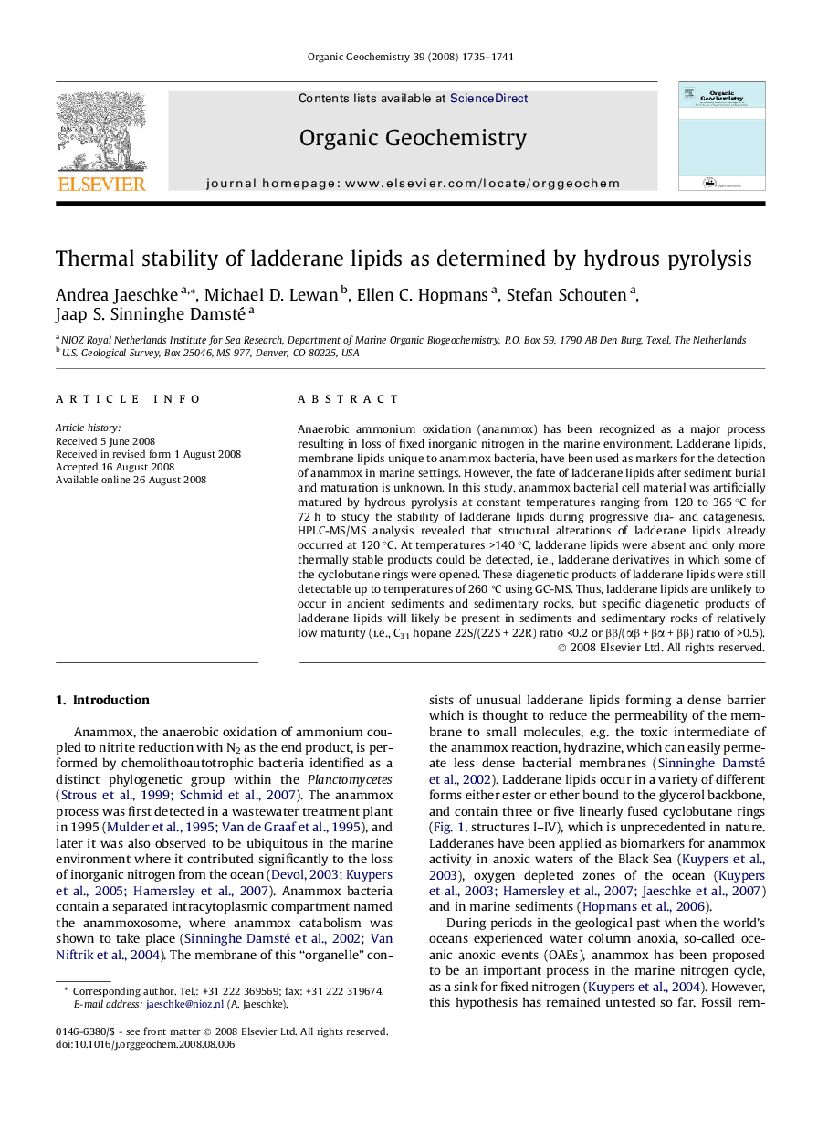 Thermal stability of ladderane lipids as determined by hydrous pyrolysis