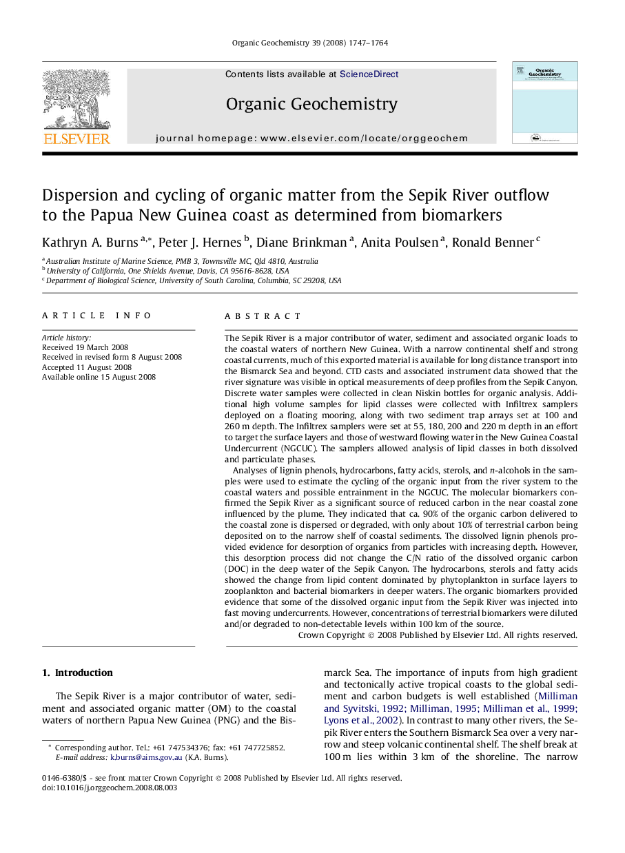 Dispersion and cycling of organic matter from the Sepik River outflow to the Papua New Guinea coast as determined from biomarkers