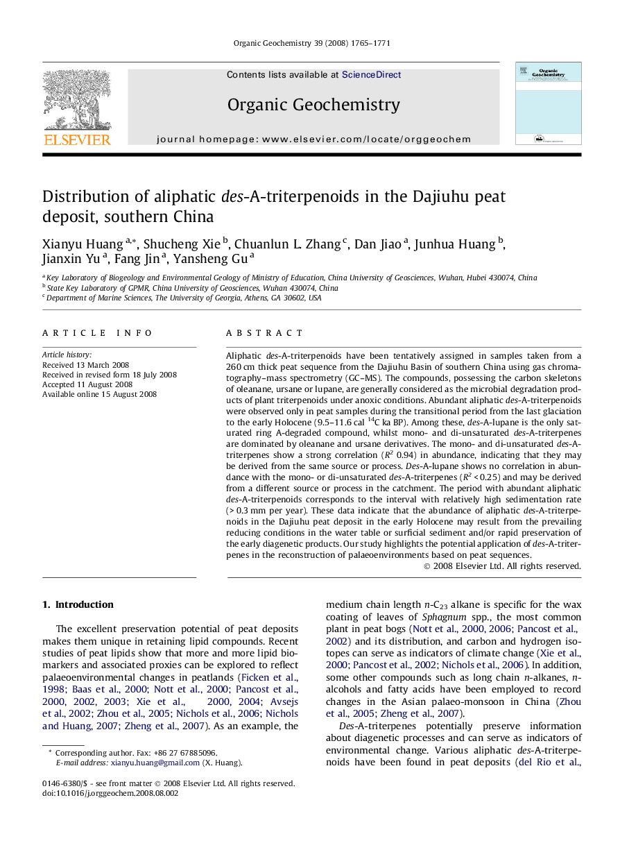 Distribution of aliphatic des-A-triterpenoids in the Dajiuhu peat deposit, southern China