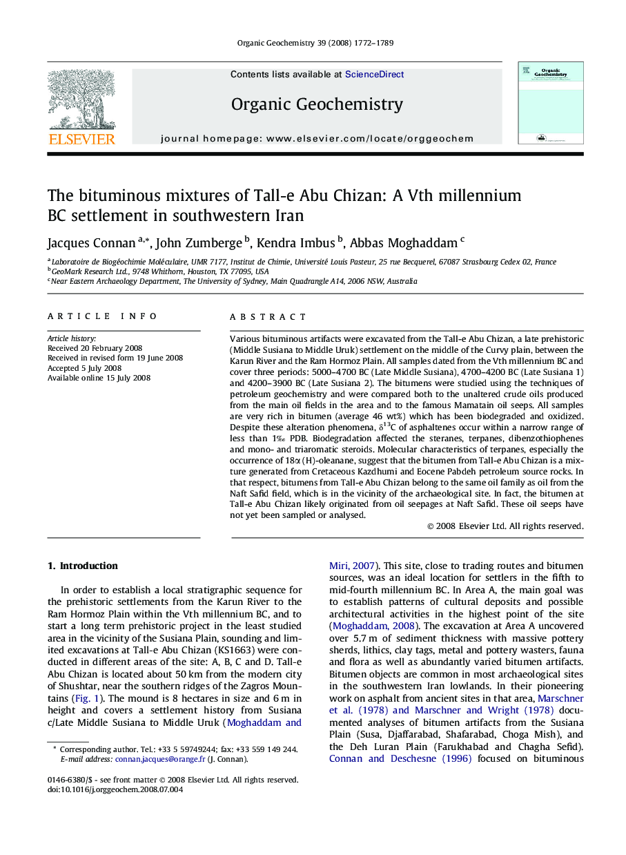 The bituminous mixtures of Tall-e Abu Chizan: A Vth millennium BC settlement in southwestern Iran