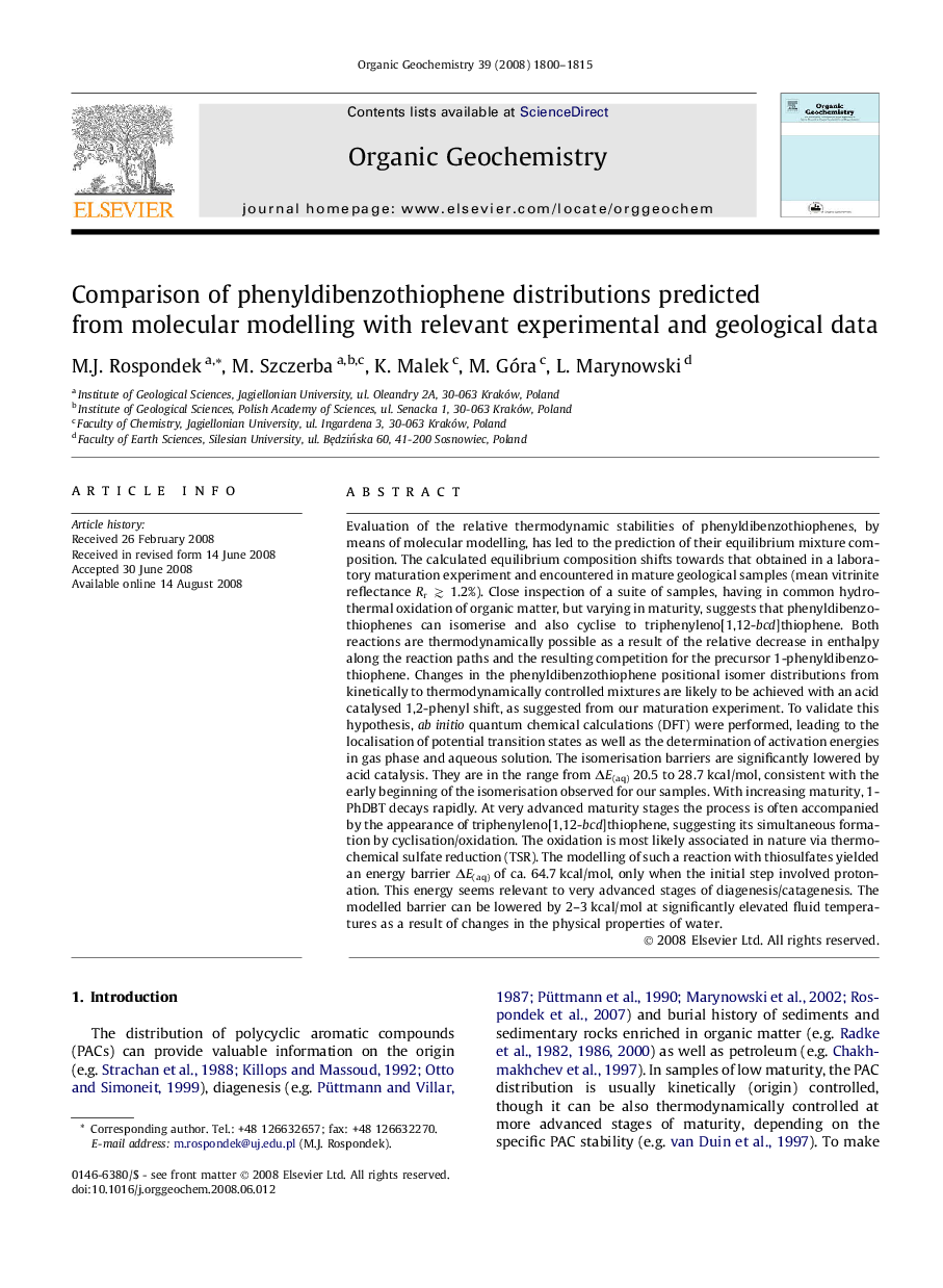 Comparison of phenyldibenzothiophene distributions predicted from molecular modelling with relevant experimental and geological data