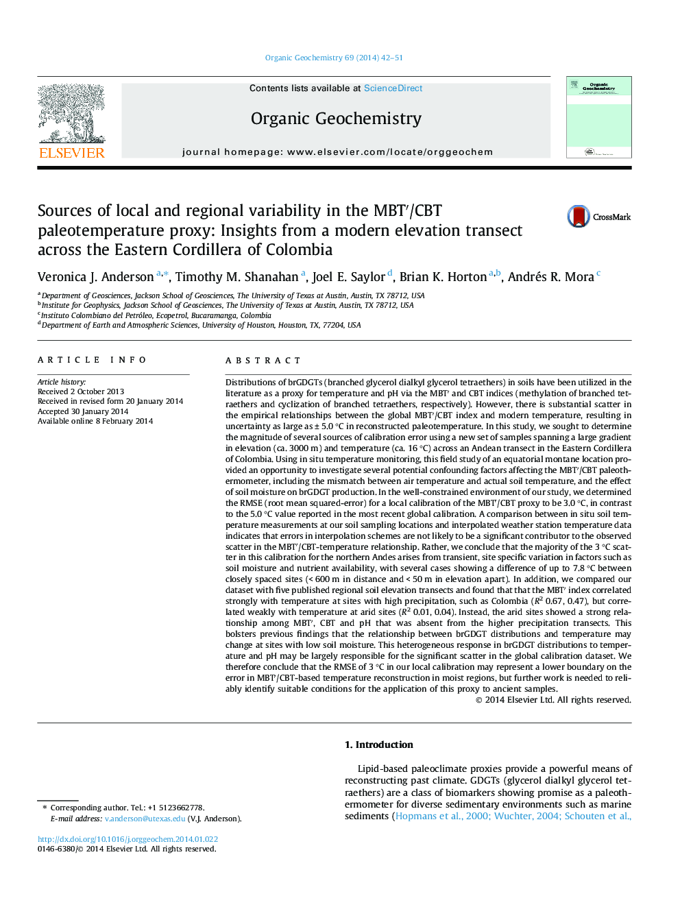 Sources of local and regional variability in the MBTâ²/CBT paleotemperature proxy: Insights from a modern elevation transect across the Eastern Cordillera of Colombia