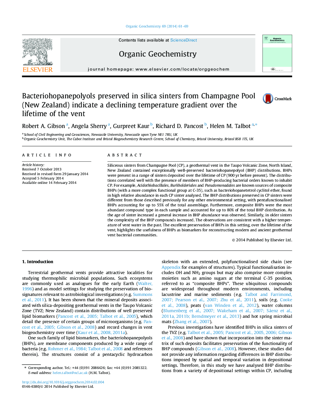 Bacteriohopanepolyols preserved in silica sinters from Champagne Pool (New Zealand) indicate a declining temperature gradient over the lifetime of the vent