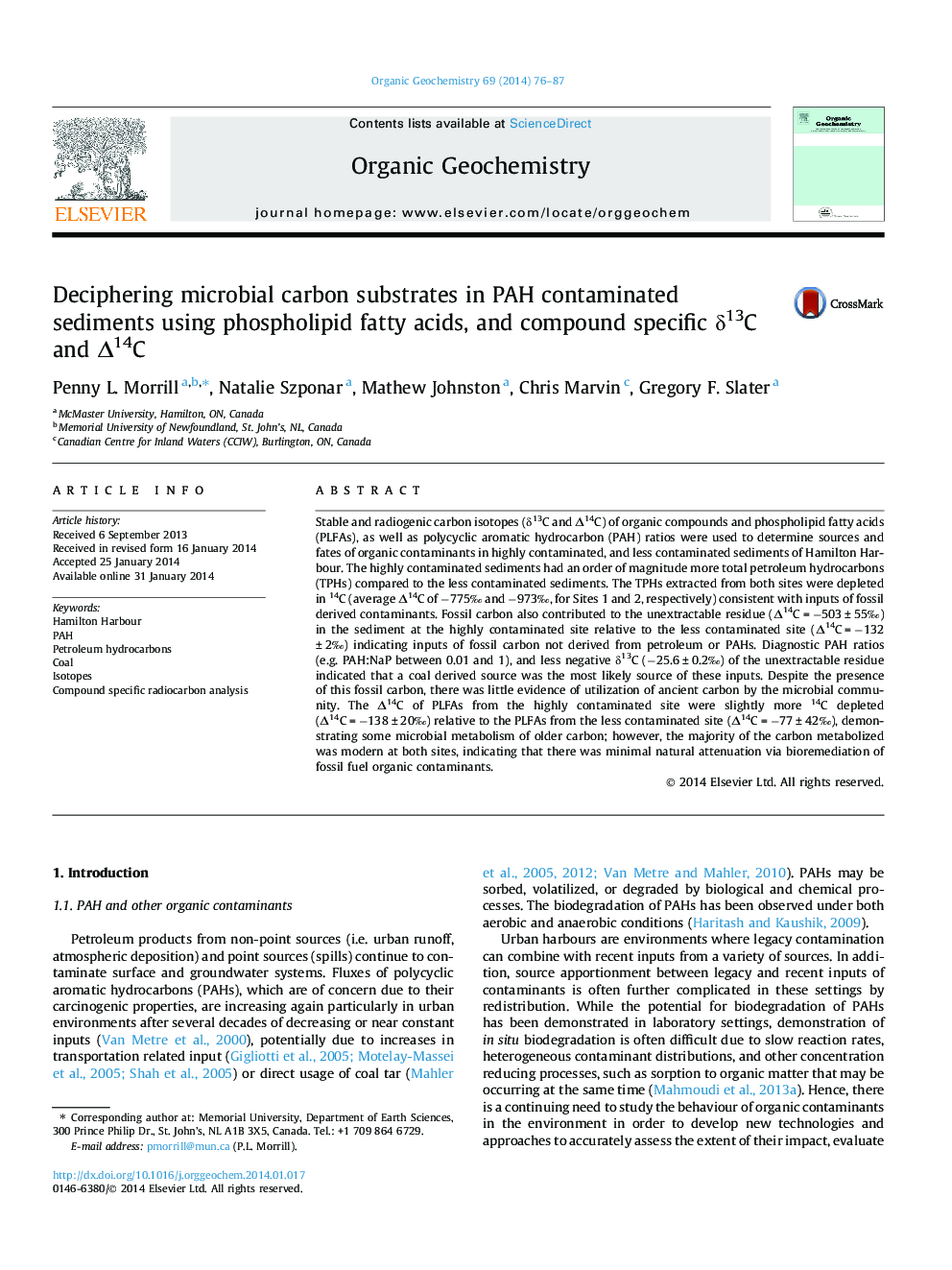 Deciphering microbial carbon substrates in PAH contaminated sediments using phospholipid fatty acids, and compound specific Î´13C and Î14C