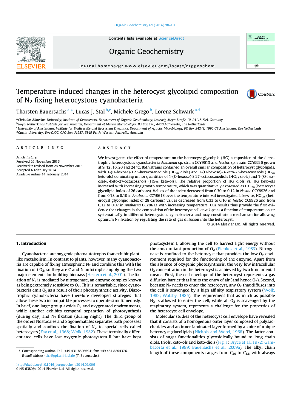 Temperature induced changes in the heterocyst glycolipid composition of N2 fixing heterocystous cyanobacteria