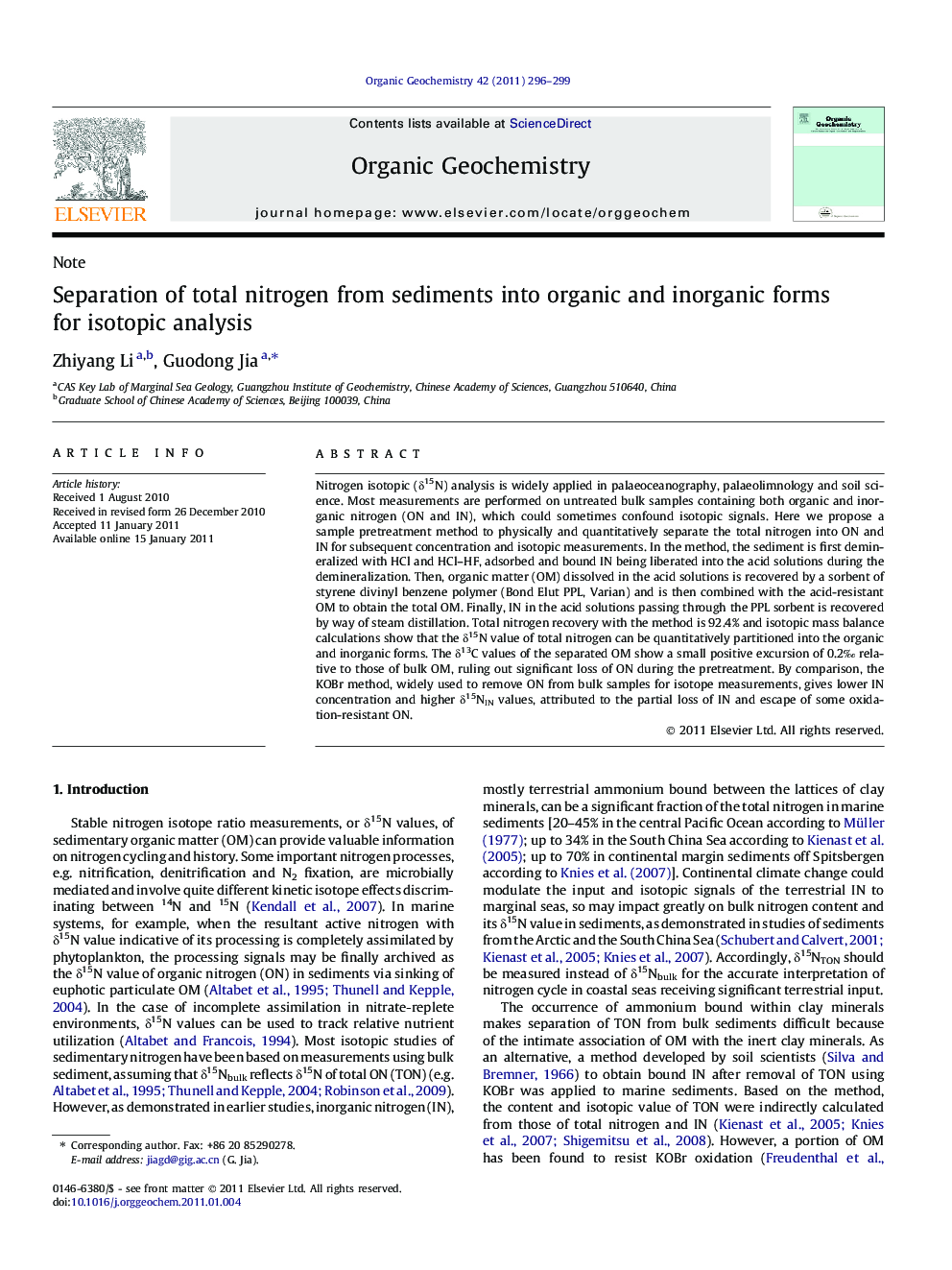 Separation of total nitrogen from sediments into organic and inorganic forms for isotopic analysis