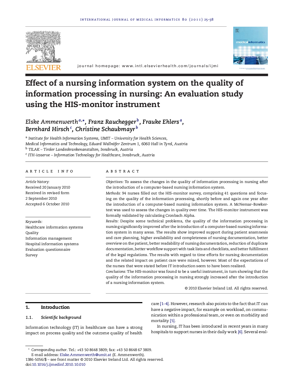 Effect of a nursing information system on the quality of information processing in nursing: An evaluation study using the HIS-monitor instrument