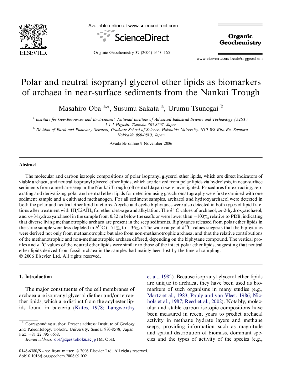 Polar and neutral isopranyl glycerol ether lipids as biomarkers of archaea in near-surface sediments from the Nankai Trough