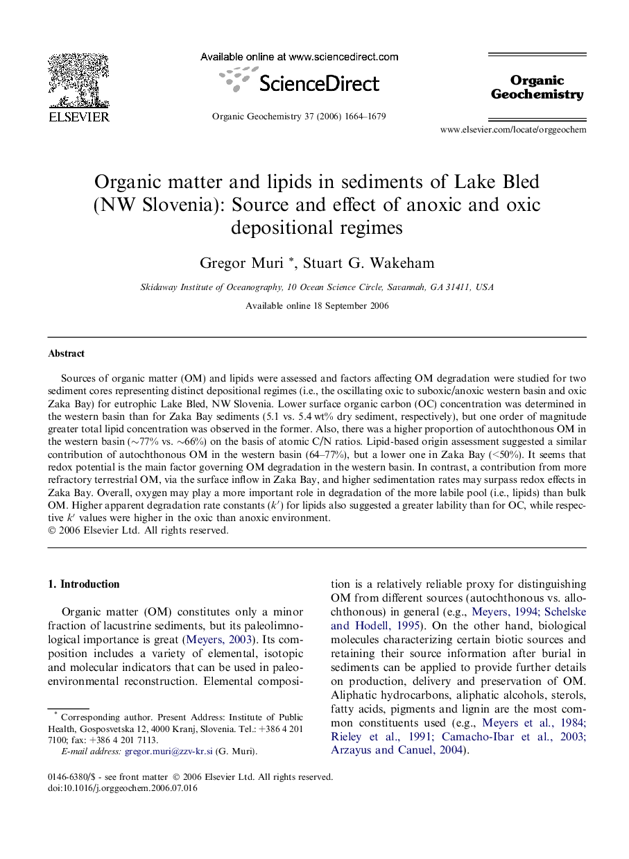 Organic matter and lipids in sediments of Lake Bled (NW Slovenia): Source and effect of anoxic and oxic depositional regimes