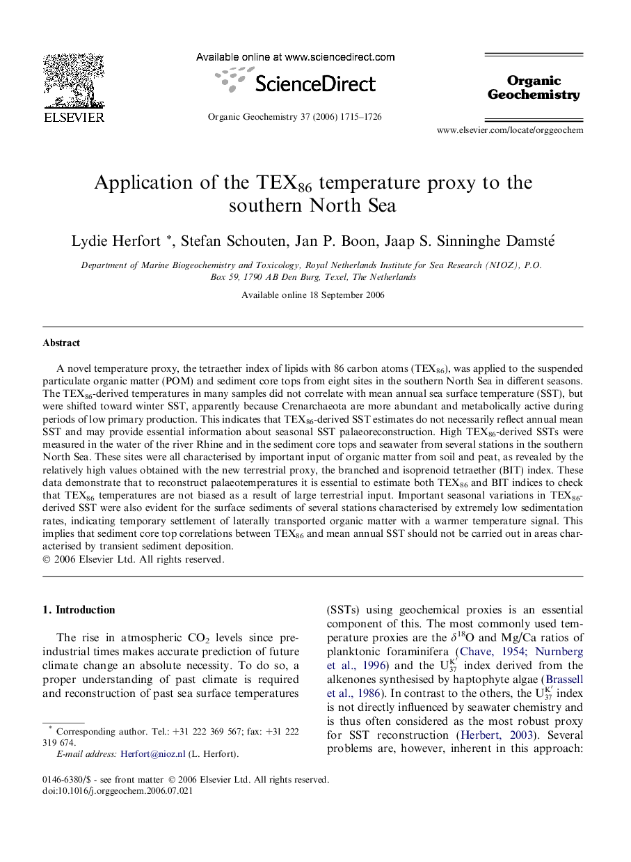 Application of the TEX86 temperature proxy to the southern North Sea