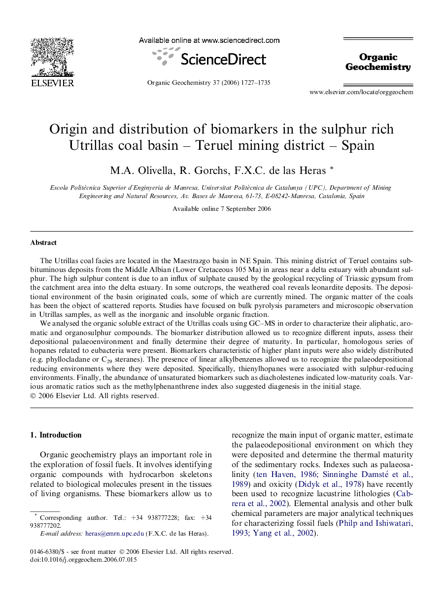 Origin and distribution of biomarkers in the sulphur rich Utrillas coal basin - Teruel mining district - Spain