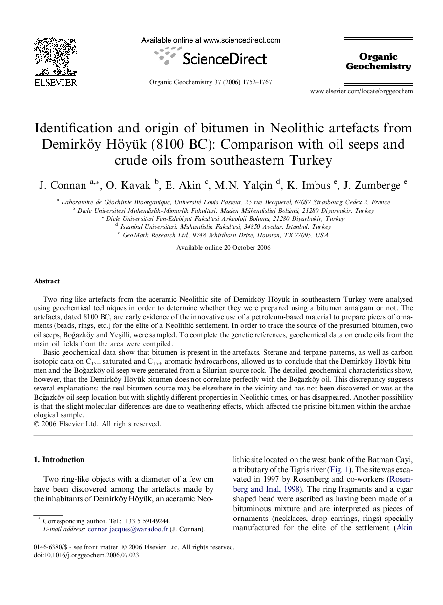 Identification and origin of bitumen in Neolithic artefacts from Demirköy Höyük (8100 BC): Comparison with oil seeps and crude oils from southeastern Turkey