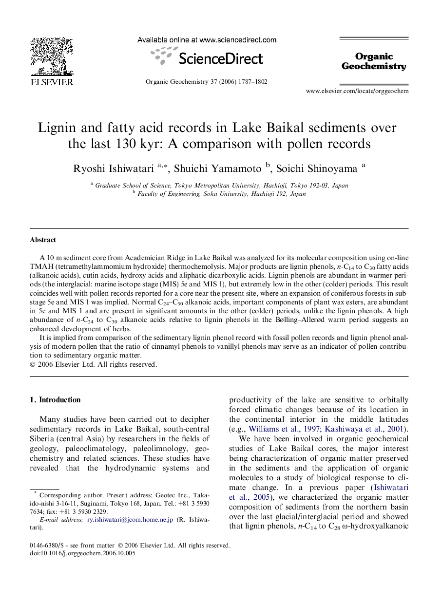 Lignin and fatty acid records in Lake Baikal sediments over the last 130Â kyr: A comparison with pollen records