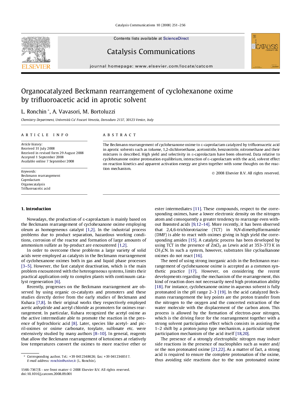 Organocatalyzed Beckmann rearrangement of cyclohexanone oxime by trifluoroacetic acid in aprotic solvent