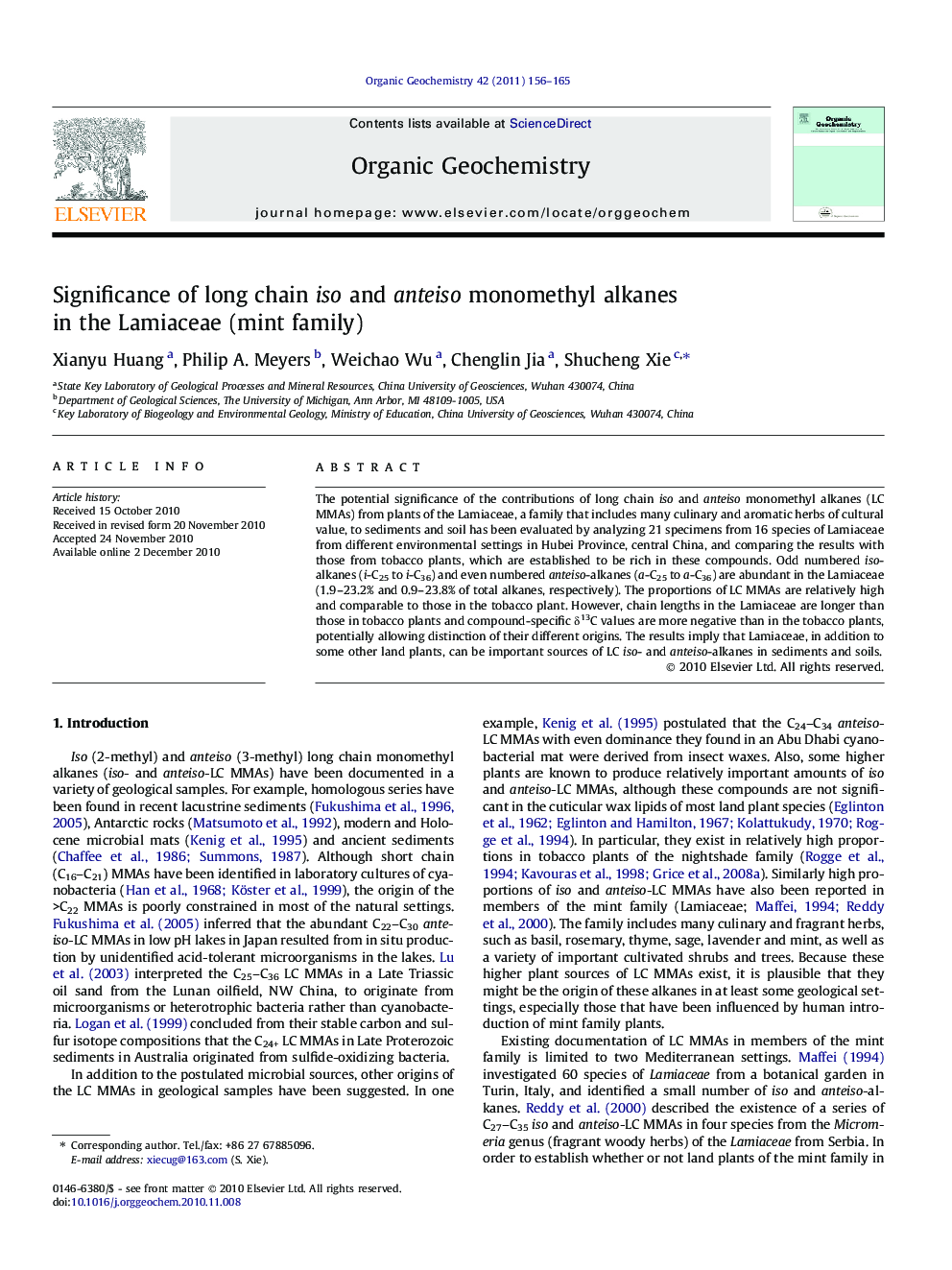 Significance of long chain iso and anteiso monomethyl alkanes in the Lamiaceae (mint family)