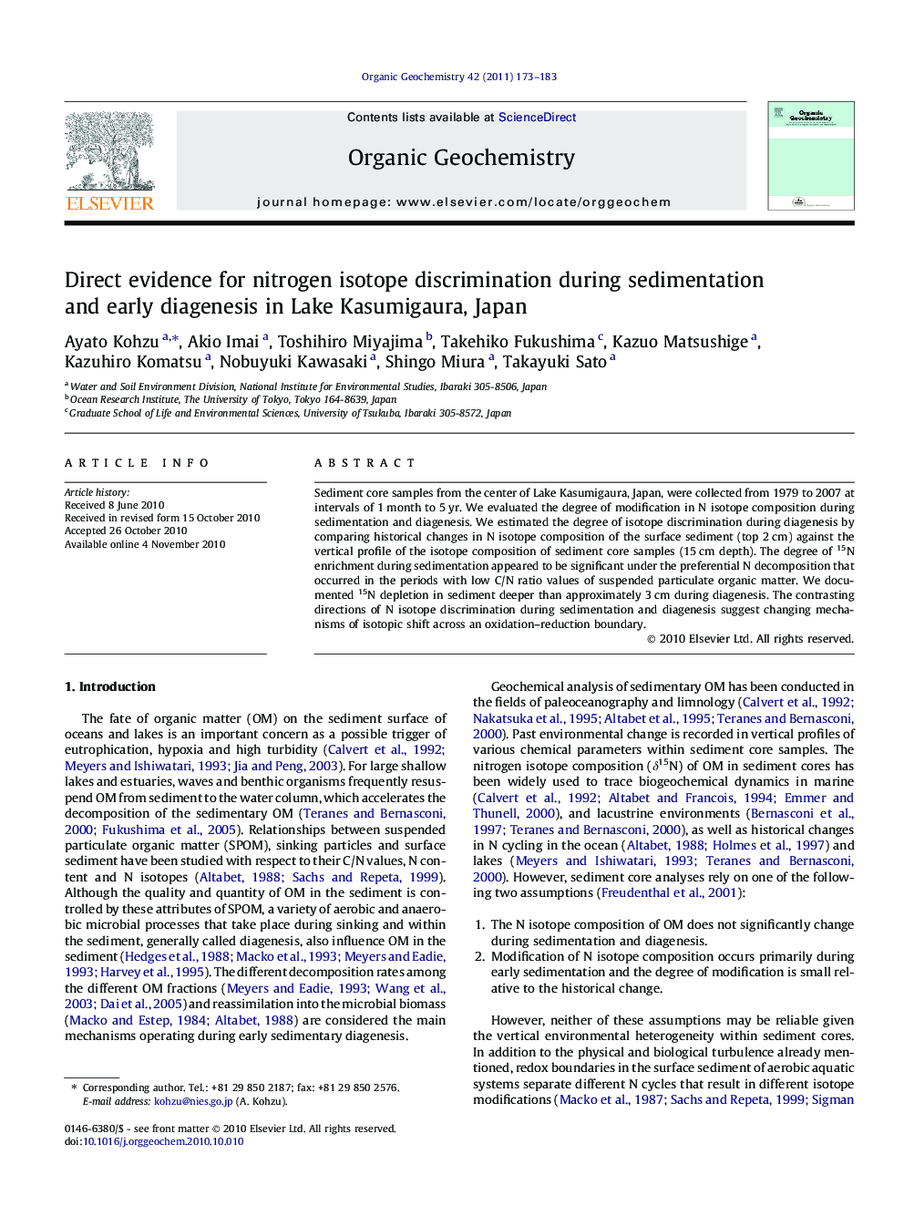 Direct evidence for nitrogen isotope discrimination during sedimentation and early diagenesis in Lake Kasumigaura, Japan