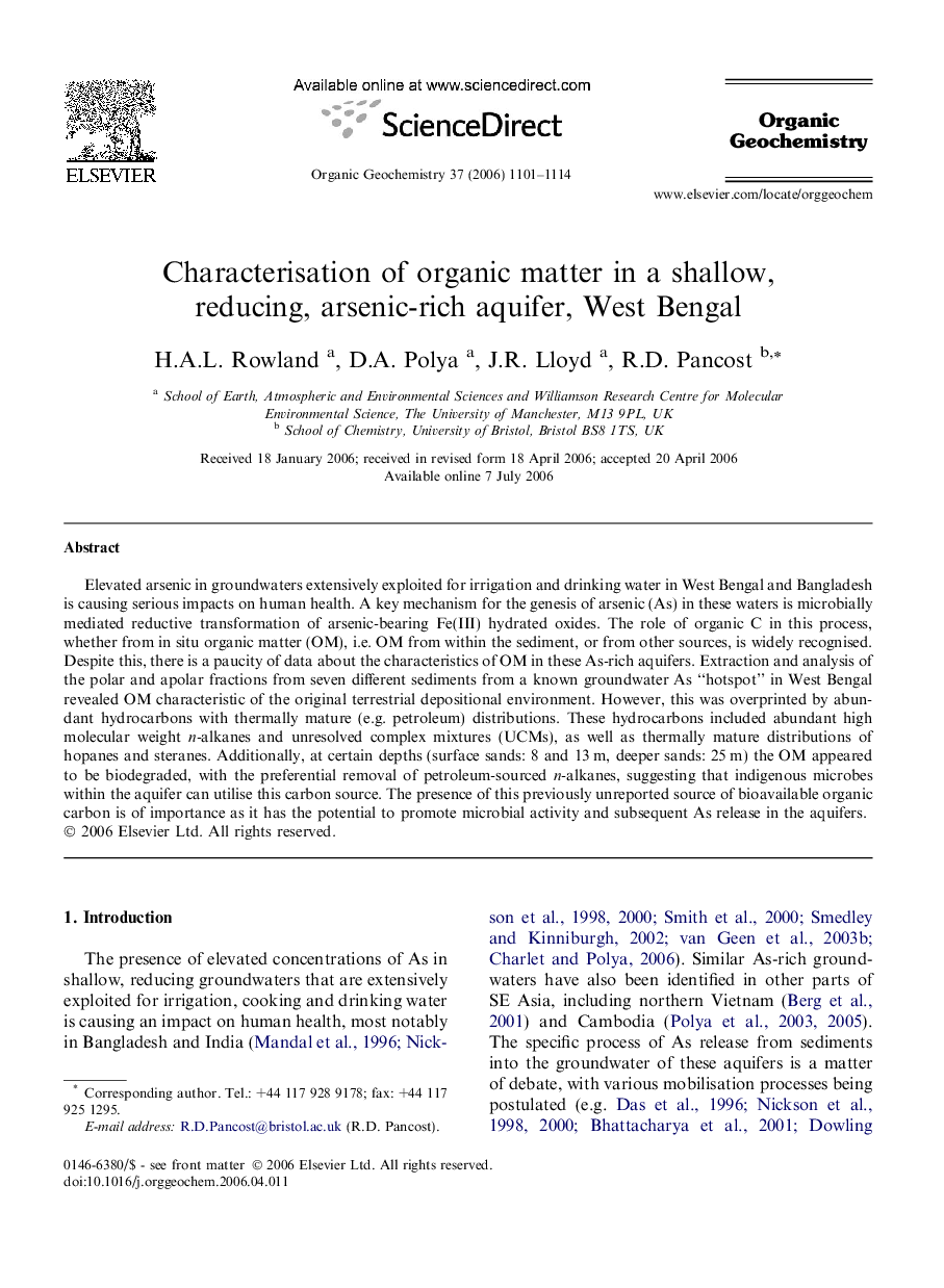Characterisation of organic matter in a shallow, reducing, arsenic-rich aquifer, West Bengal
