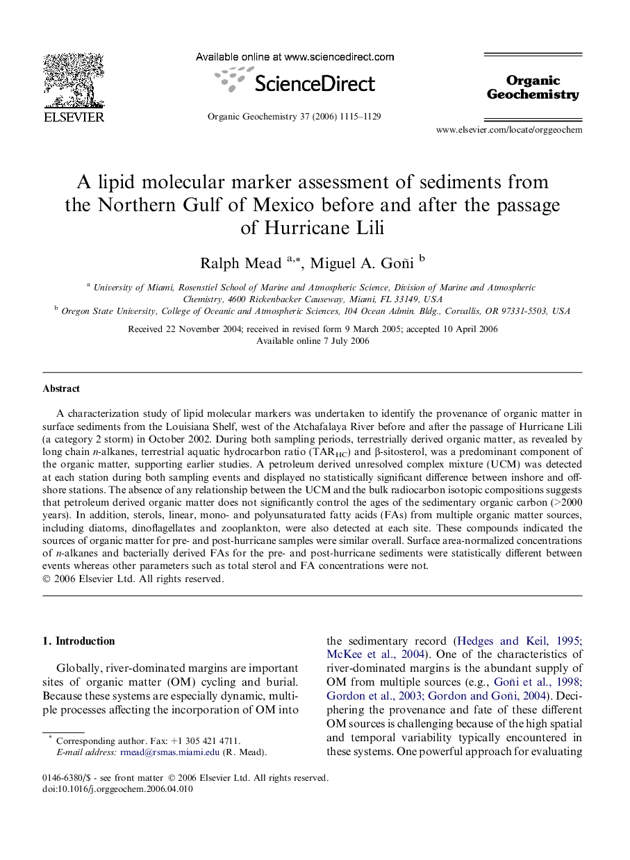 A lipid molecular marker assessment of sediments from the Northern Gulf of Mexico before and after the passage of Hurricane Lili