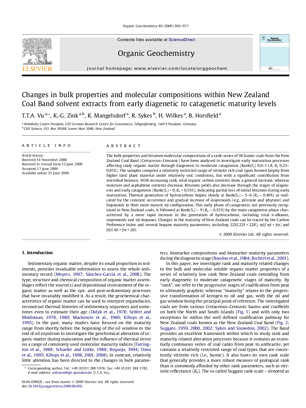 Changes in bulk properties and molecular compositions within New Zealand Coal Band solvent extracts from early diagenetic to catagenetic maturity levels
