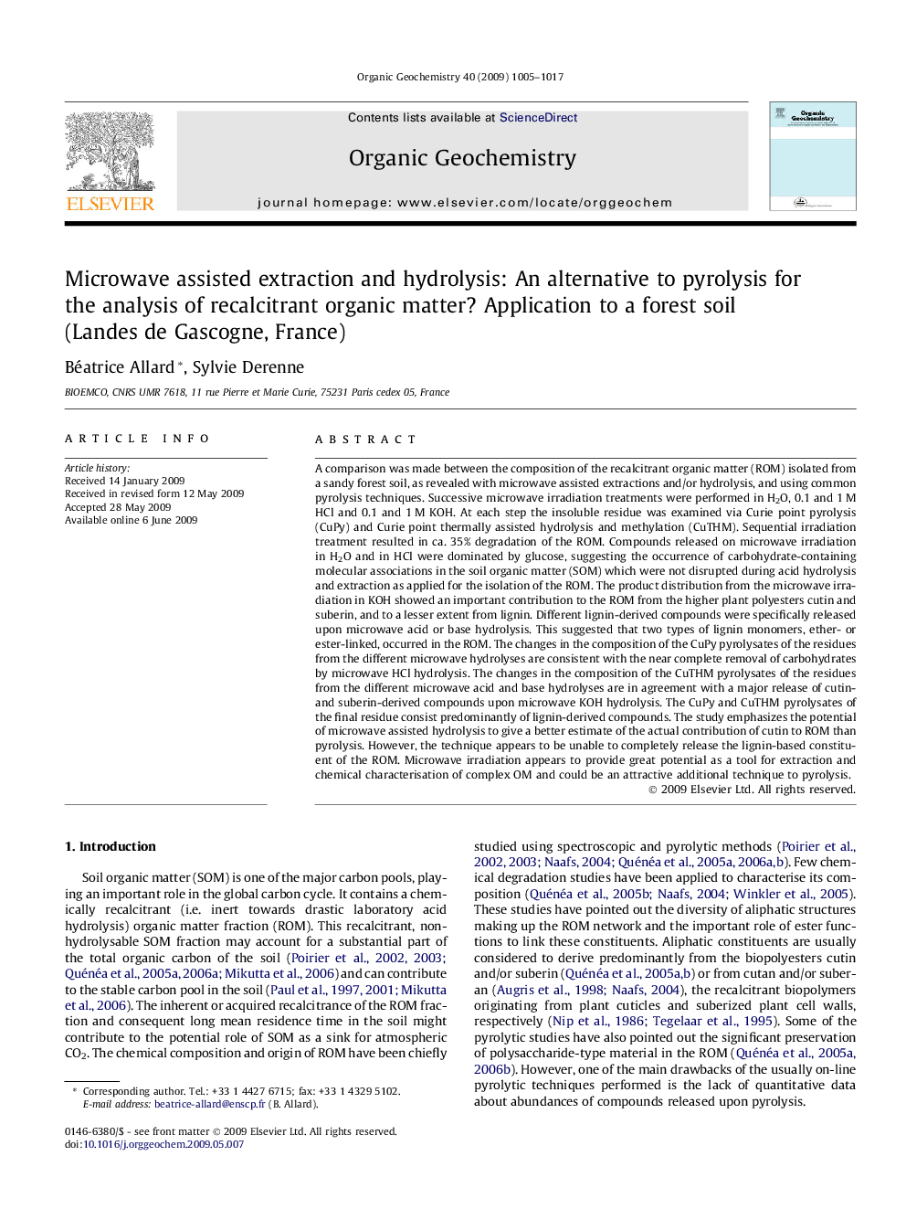 Microwave assisted extraction and hydrolysis: An alternative to pyrolysis for the analysis of recalcitrant organic matter? Application to a forest soil (Landes de Gascogne, France)