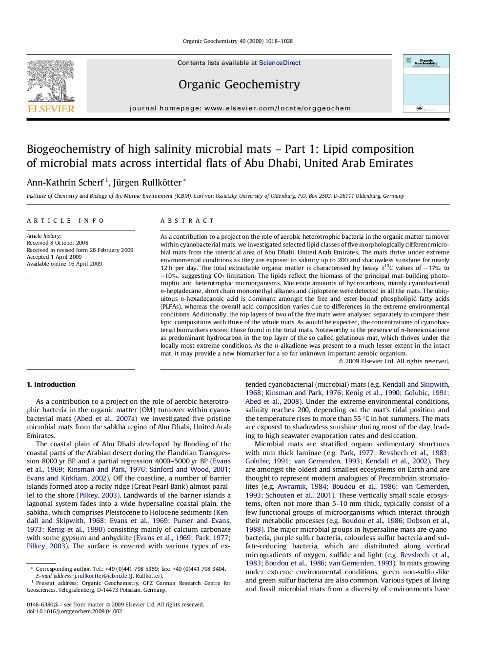 Biogeochemistry of high salinity microbial mats - Part 1: Lipid composition of microbial mats across intertidal flats of Abu Dhabi, United Arab Emirates
