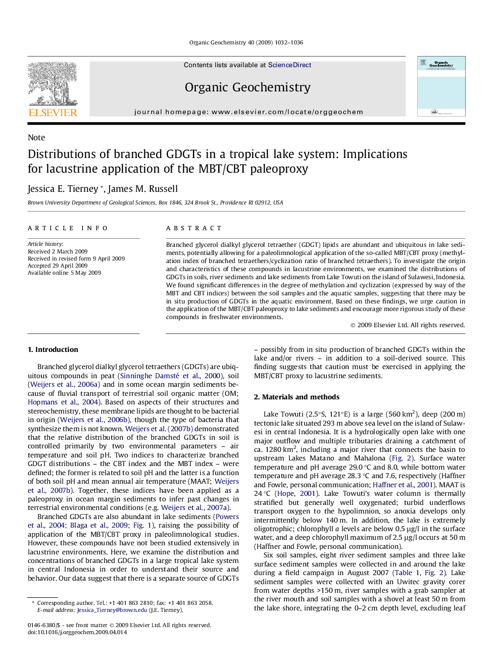 عکس صفحه اول مقاله: Distributions of branched GDGTs in a tropical lake system: Implications for lacustrine application of the MBT/CBT paleoproxy Distributions of branched GDGTs in a tropical lake system: Implications for lacustrine application of the MBT/CBT paleoproxy