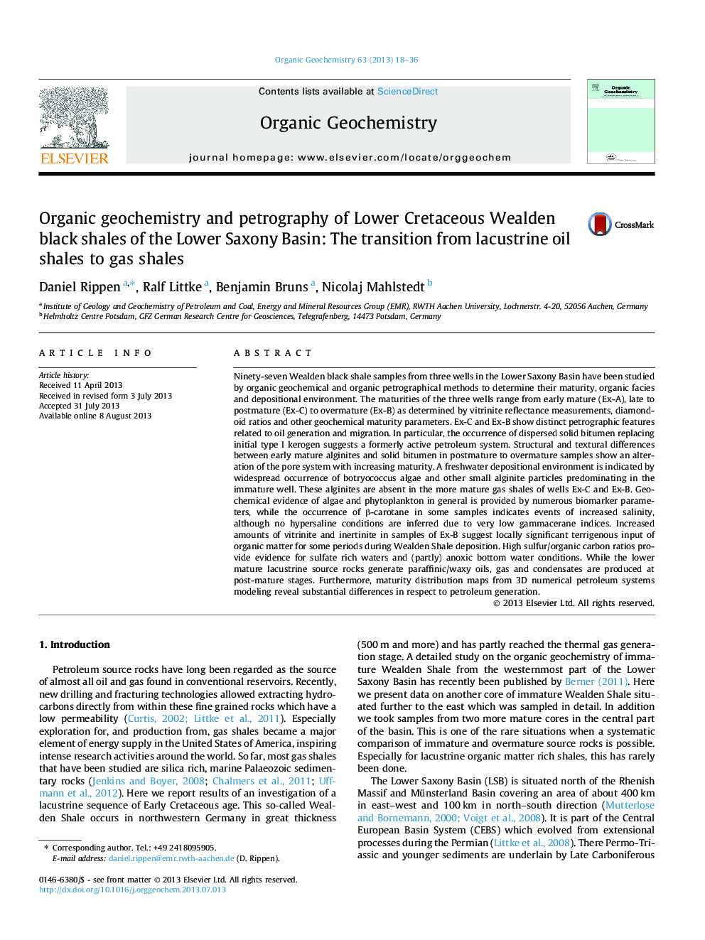 Organic geochemistry and petrography of Lower Cretaceous Wealden black shales of the Lower Saxony Basin: The transition from lacustrine oil shales to gas shales