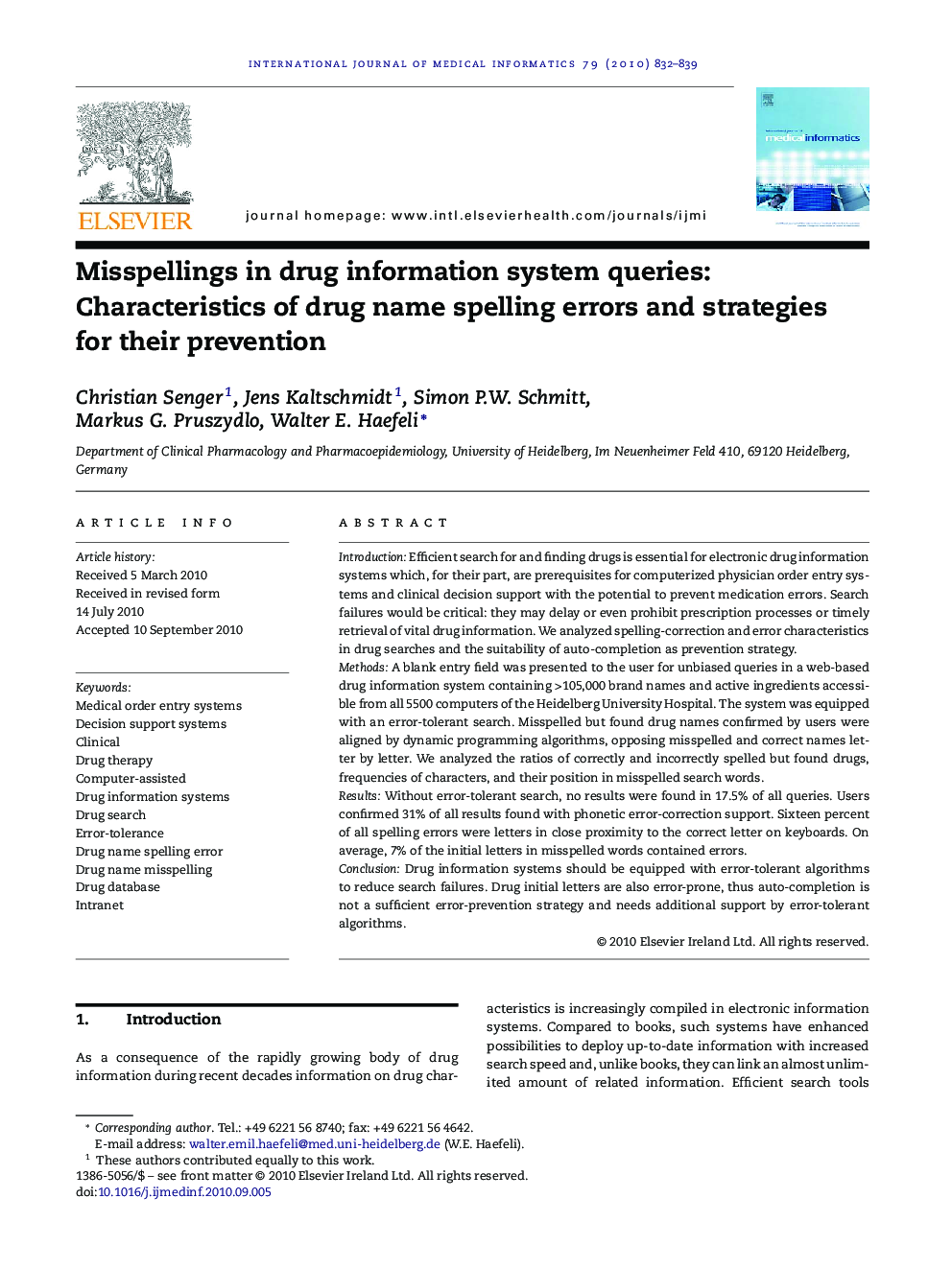 Misspellings in drug information system queries: Characteristics of drug name spelling errors and strategies for their prevention