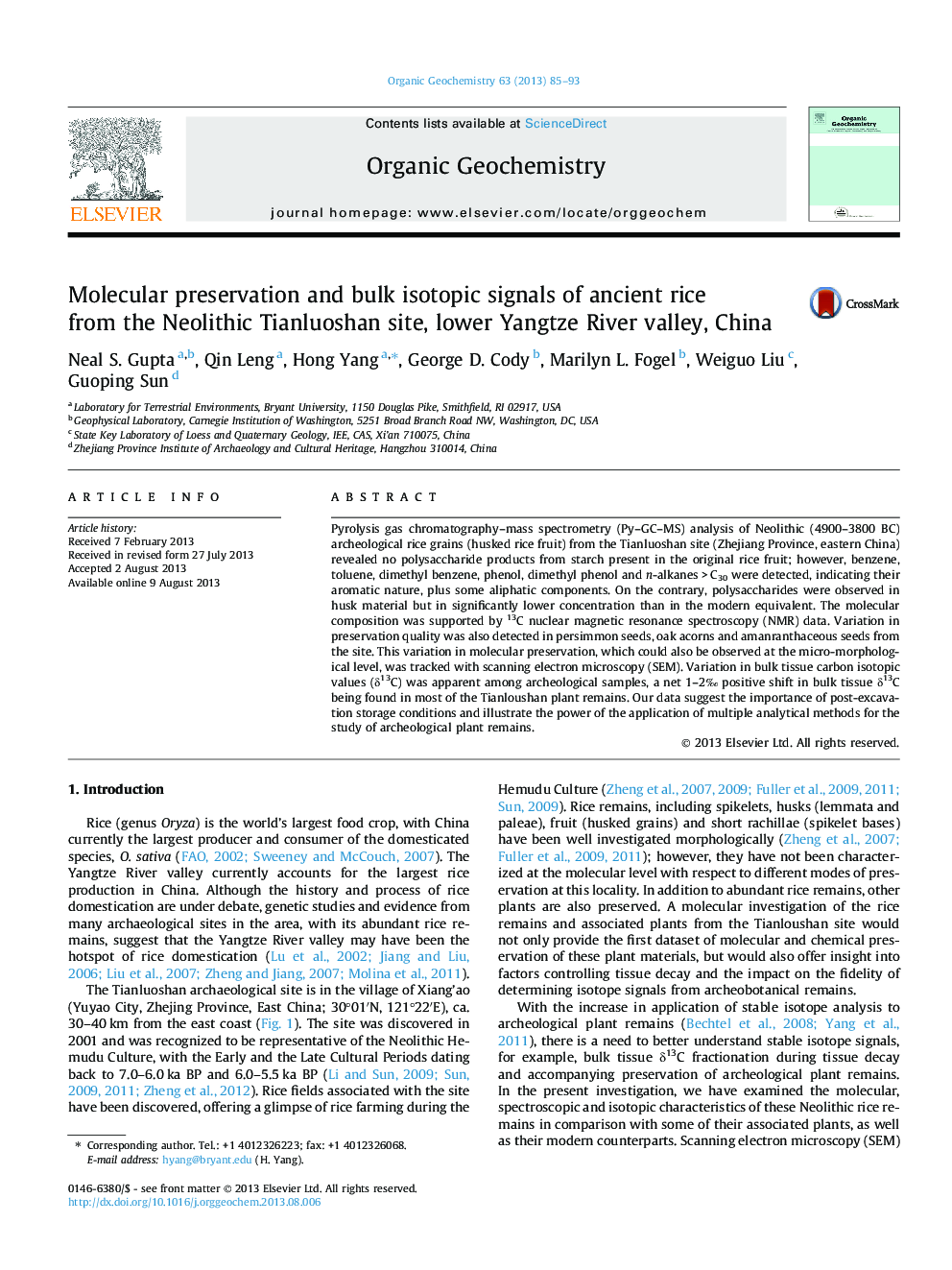 Molecular preservation and bulk isotopic signals of ancient rice from the Neolithic Tianluoshan site, lower Yangtze River valley, China
