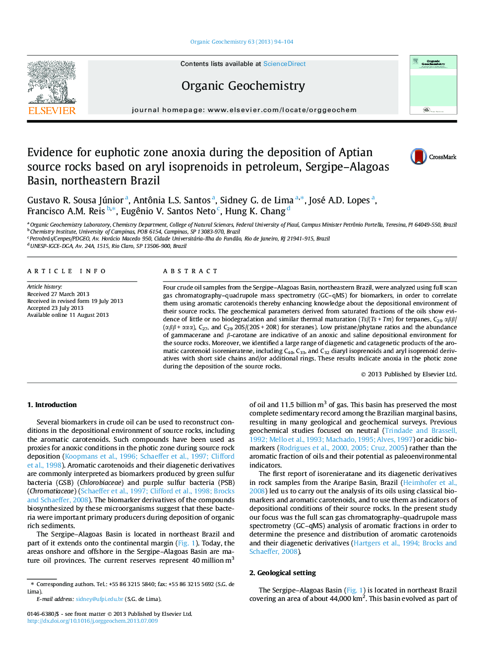 Evidence for euphotic zone anoxia during the deposition of Aptian source rocks based on aryl isoprenoids in petroleum, Sergipe-Alagoas Basin, northeastern Brazil