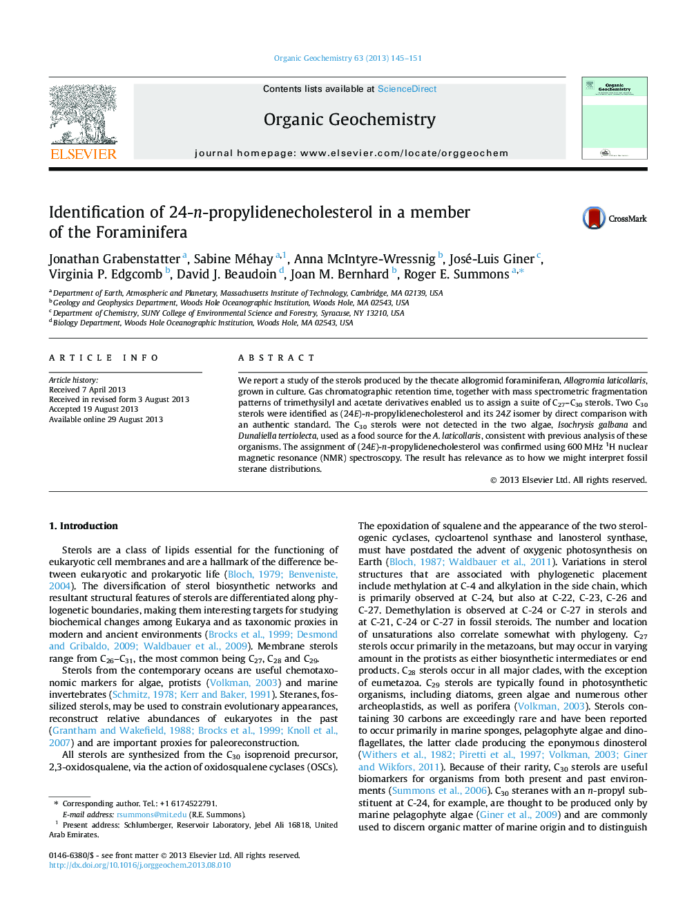 Identification of 24-n-propylidenecholesterol in a member of the Foraminifera