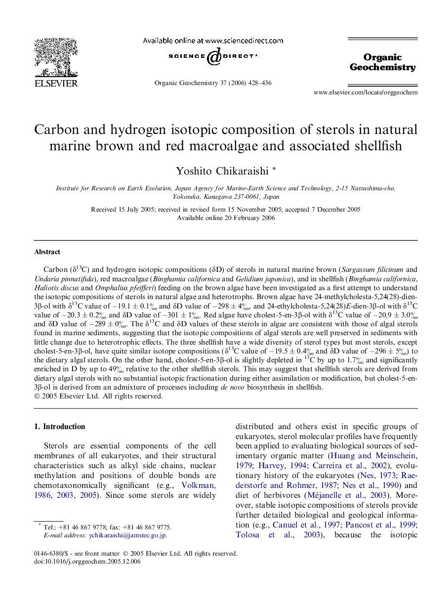 Carbon and hydrogen isotopic composition of sterols in natural marine brown and red macroalgae and associated shellfish