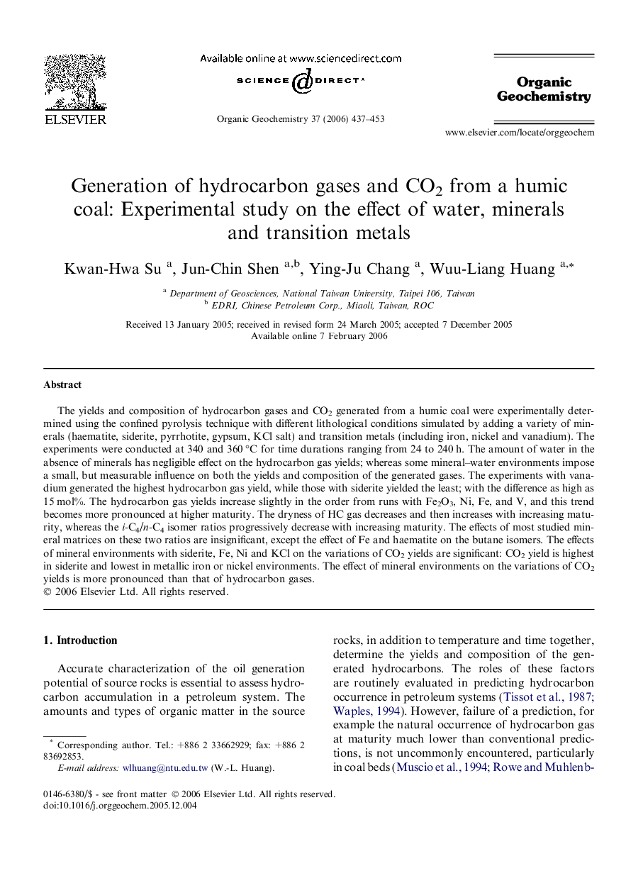 Generation of hydrocarbon gases and CO2 from a humic coal: Experimental study on the effect of water, minerals and transition metals
