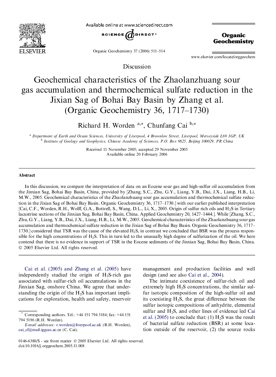 Geochemical characteristics of the Zhaolanzhuang sour gas accumulation and thermochemical sulfate reduction in the Jixian Sag of Bohai Bay Basin by Zhang et al. (Organic Geochemistry 36, 1717-1730)