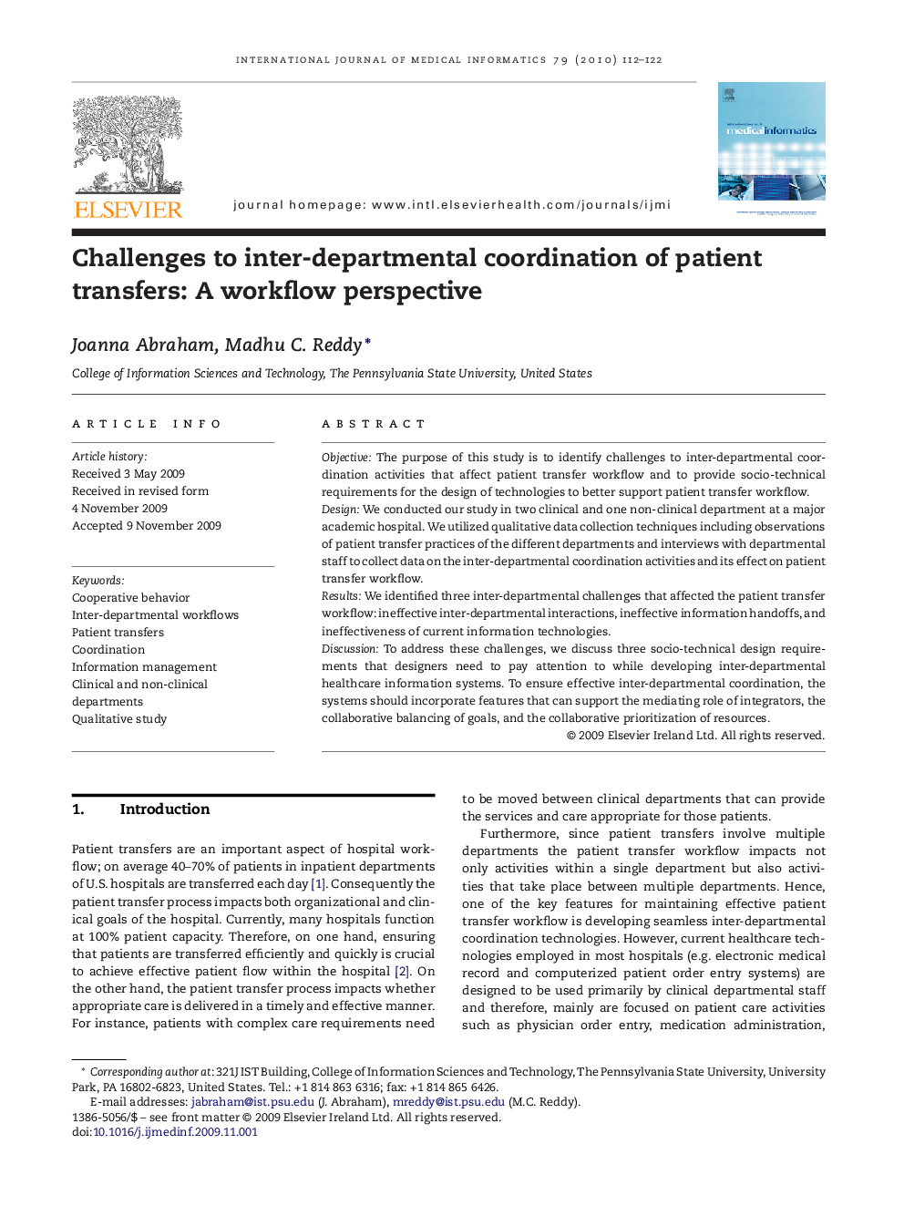 Challenges to inter-departmental coordination of patient transfers: A workflow perspective