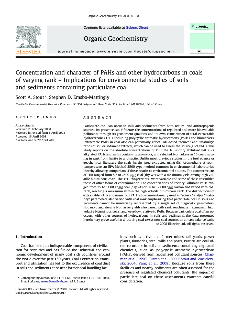 عکس صفحه اول مقاله: Concentration and character of PAHs and other hydrocarbons in coals of varying rank - Implications for environmental studies of soils and sediments containing particulate coal Concentration and character of PAHs and other hydrocarbons in coals of varying rank - Implications for environmental studies of soils and sediments containing particulate coal