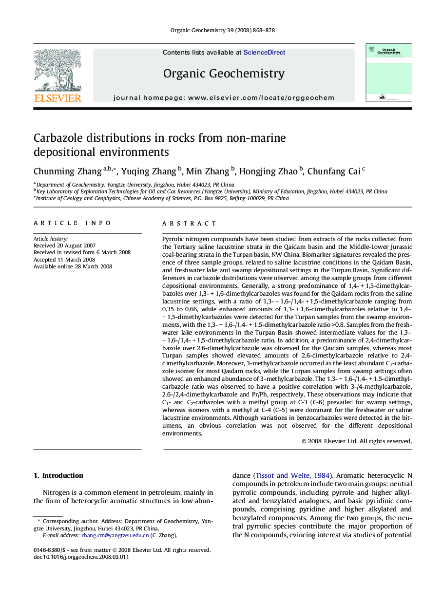 عکس صفحه اول مقاله: Carbazole distributions in rocks from non-marine depositional environments Carbazole distributions in rocks from non-marine depositional environments