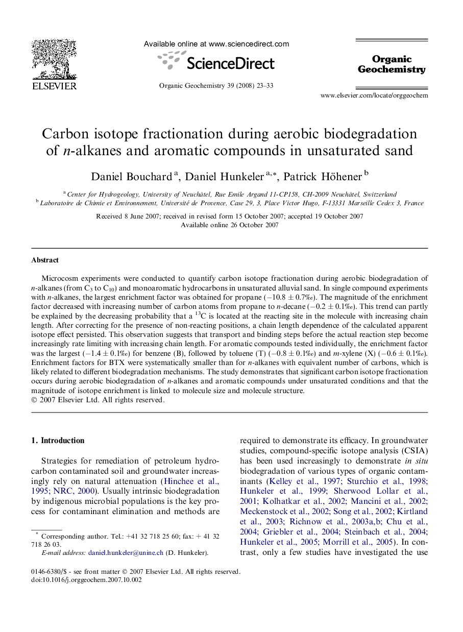 Carbon isotope fractionation during aerobic biodegradation of n-alkanes and aromatic compounds in unsaturated sand