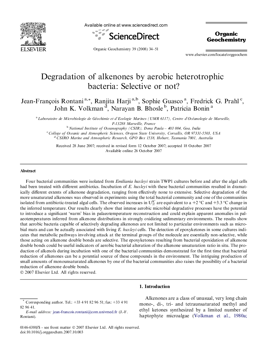 Degradation of alkenones by aerobic heterotrophic bacteria: Selective or not?