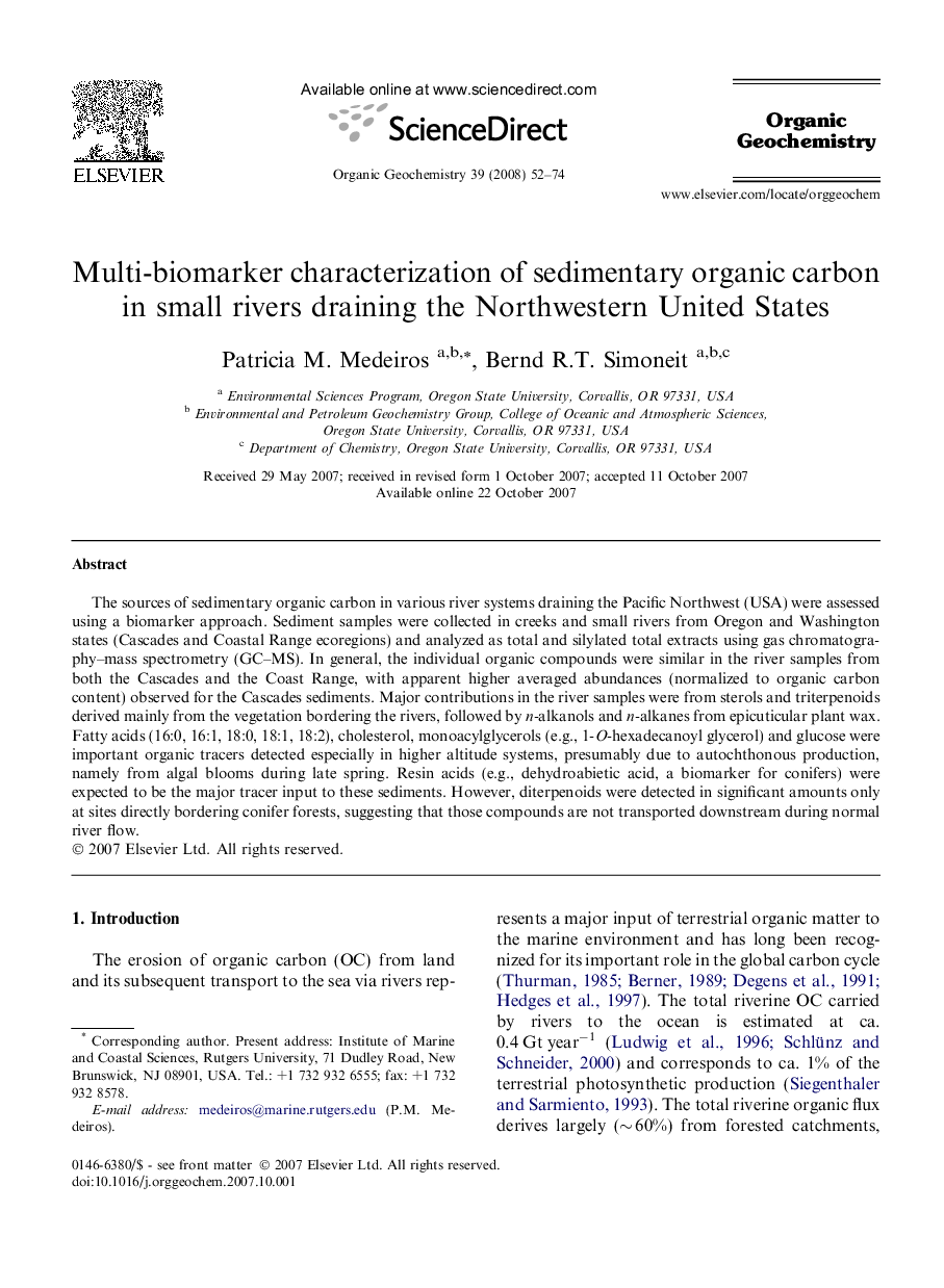 Multi-biomarker characterization of sedimentary organic carbon in small rivers draining the Northwestern United States