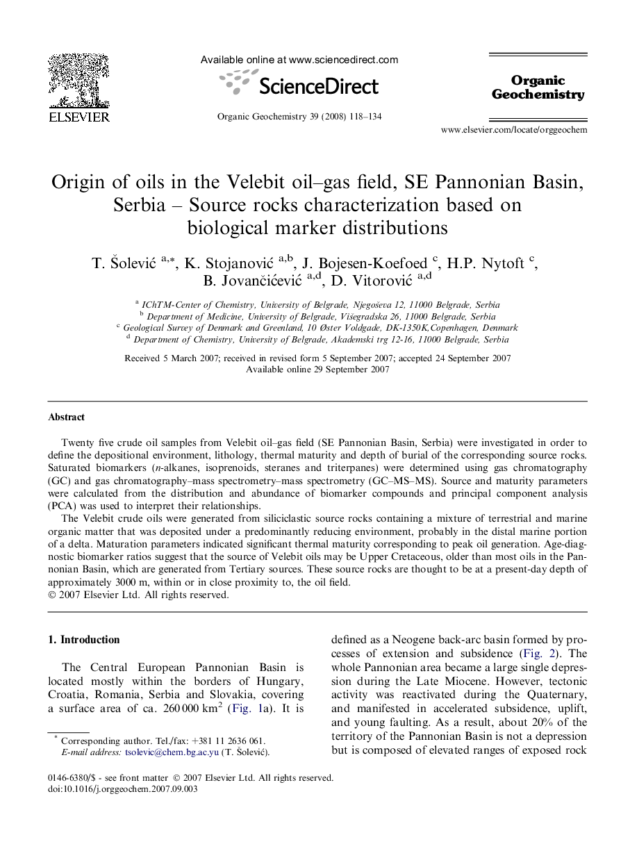 Origin of oils in the Velebit oil-gas field, SE Pannonian Basin, Serbia - Source rocks characterization based on biological marker distributions