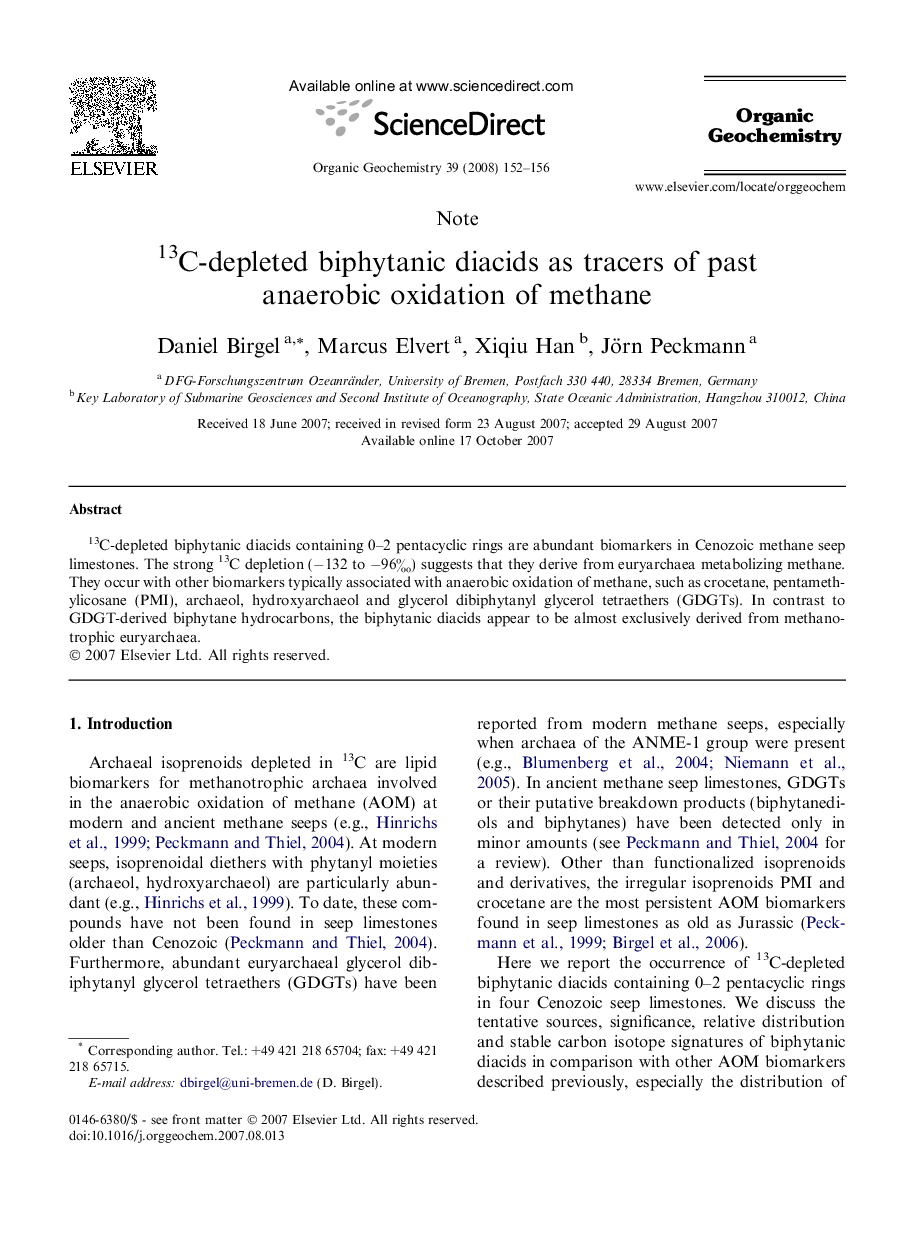 13C-depleted biphytanic diacids as tracers of past anaerobic oxidation of methane