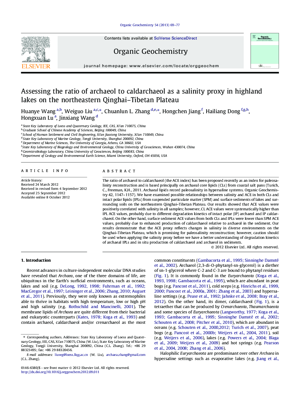 Assessing the ratio of archaeol to caldarchaeol as a salinity proxy in highland lakes on the northeastern Qinghai-Tibetan Plateau