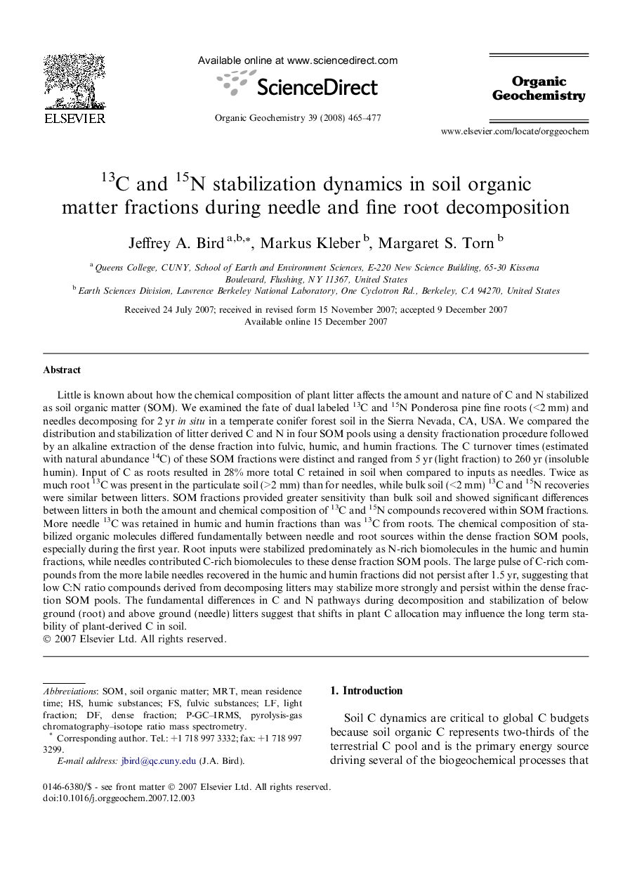 13C and 15N stabilization dynamics in soil organic matter fractions during needle and fine root decomposition