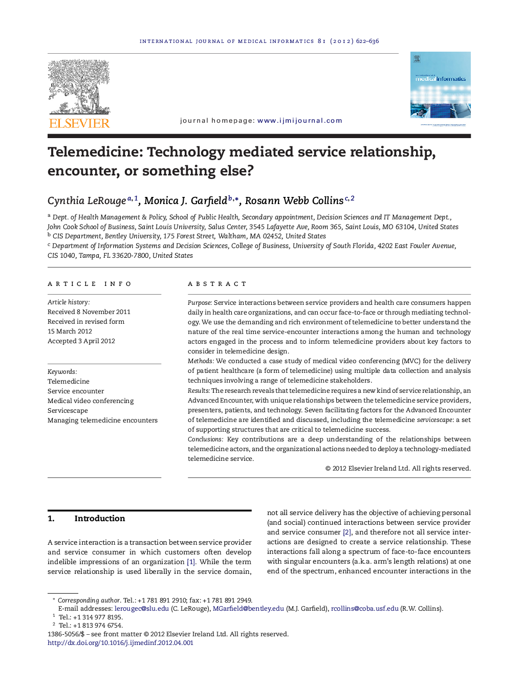 Telemedicine: Technology mediated service relationship, encounter, or something else?