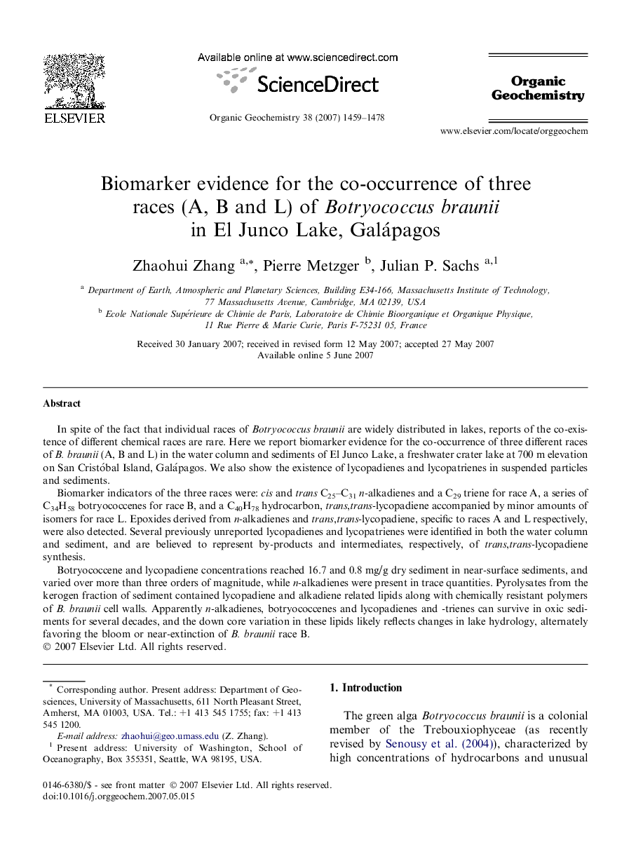 Biomarker evidence for the co-occurrence of three races (A, B and L) of Botryococcus braunii in El Junco Lake, Galápagos